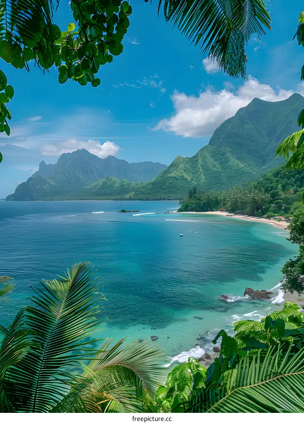 Tropical Paradise Bay with Lush Green Foliage and Mountains in the Background