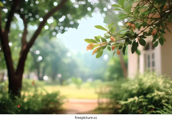 Blurred Park Scene with Lush Greenery and Sunlight