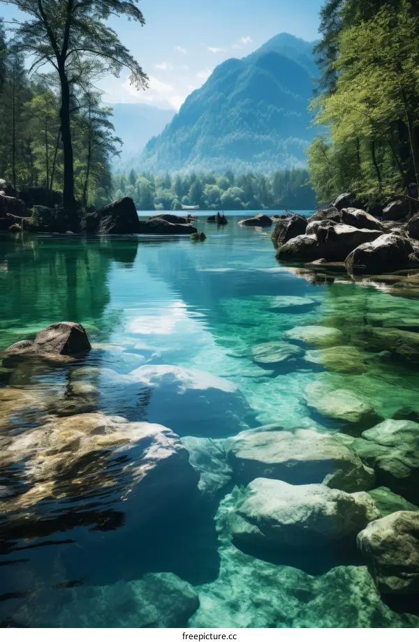 Serene Mountain Lake with Clear Water and Lush Greenery