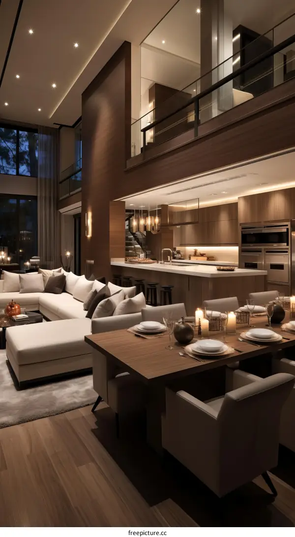 An ultra-luxurious and spacious living room and dining room with a modern design