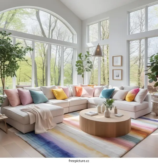 Modern living room interior with large windows and colorful furniture