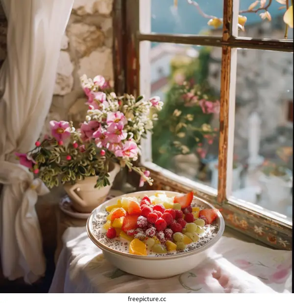 A bowl of fruit salad with yogurt and flowers by the window