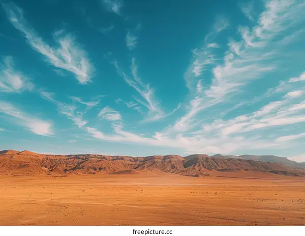 Arid Desert Landscape with Azure Sky and Majestic Mountains