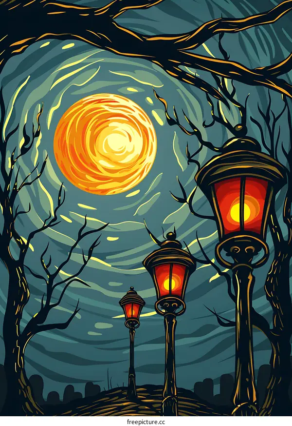 Halloween Night Scene With Street Lamps And Full Moon