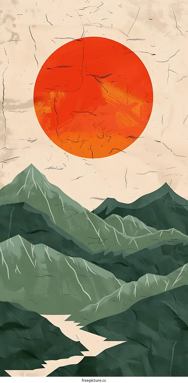 Minimalist Mountain Landscape with a Large Sun