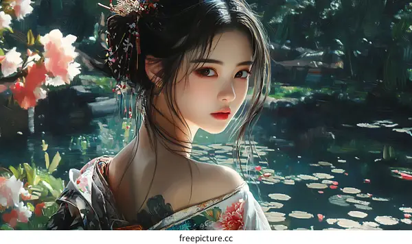 Beautiful Asian Woman in Traditional Dress by a Pond