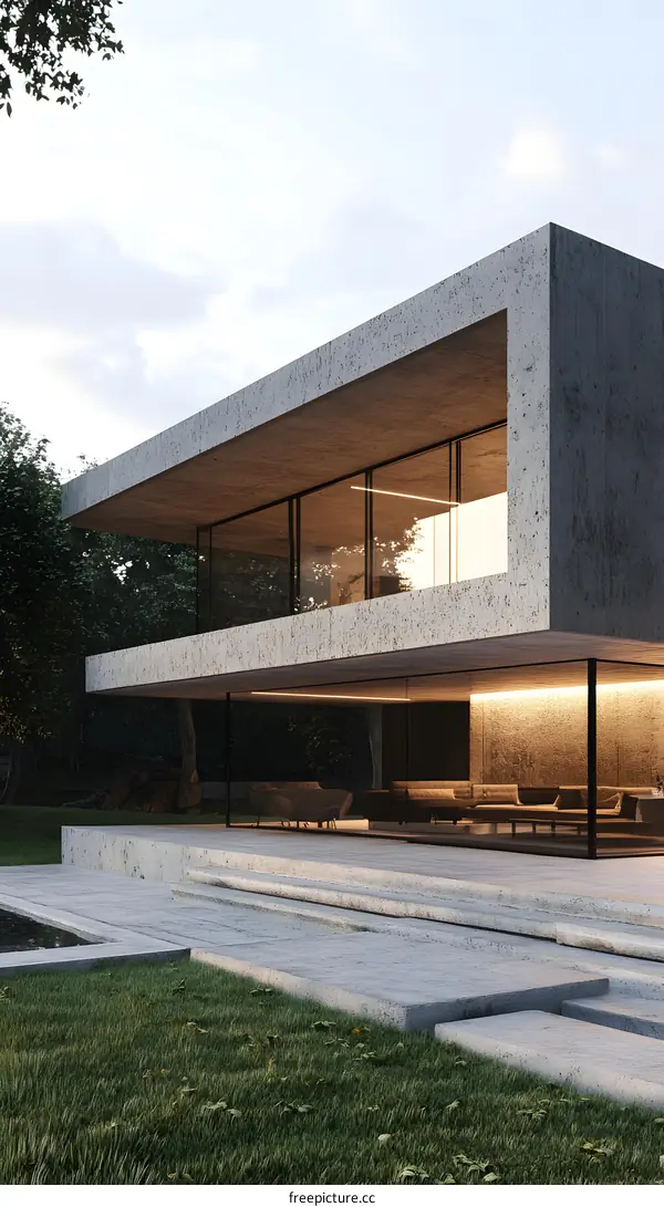 Modern Concrete House with Glass Windows and Steps