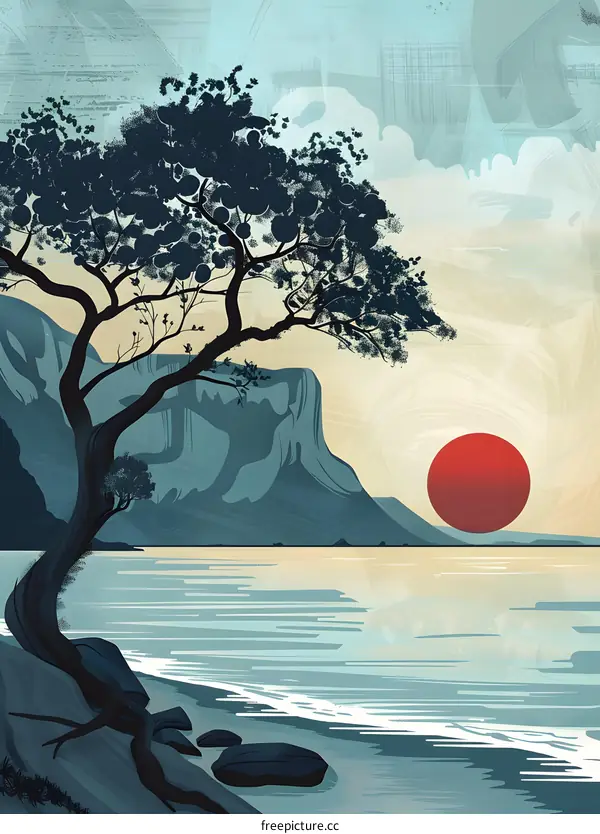 Silhouette of a Tree and a Mountain with a Red Sun in the Background