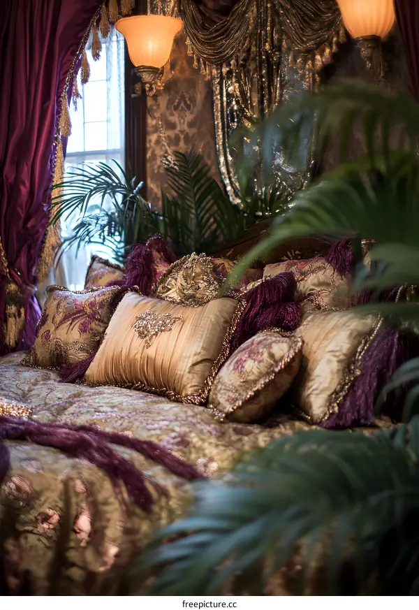 Luxury Bedroom Interior Design with Gold and Purple Pillows