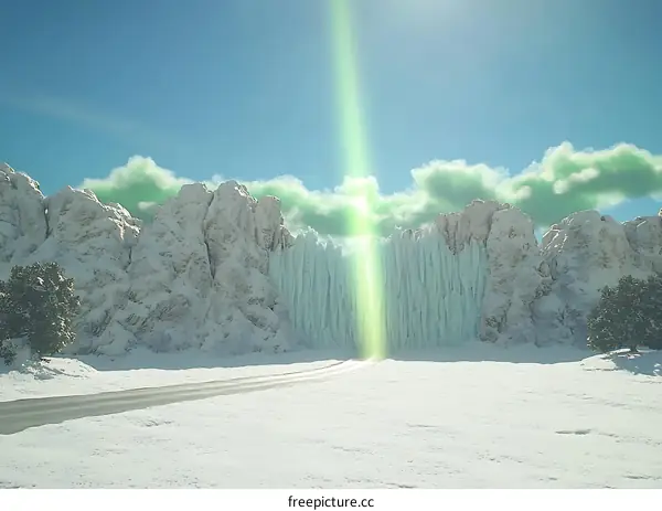 Snowy Mountains with a Green Light Beam