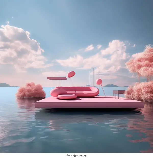 pink surreal floating furniture ocean landscape