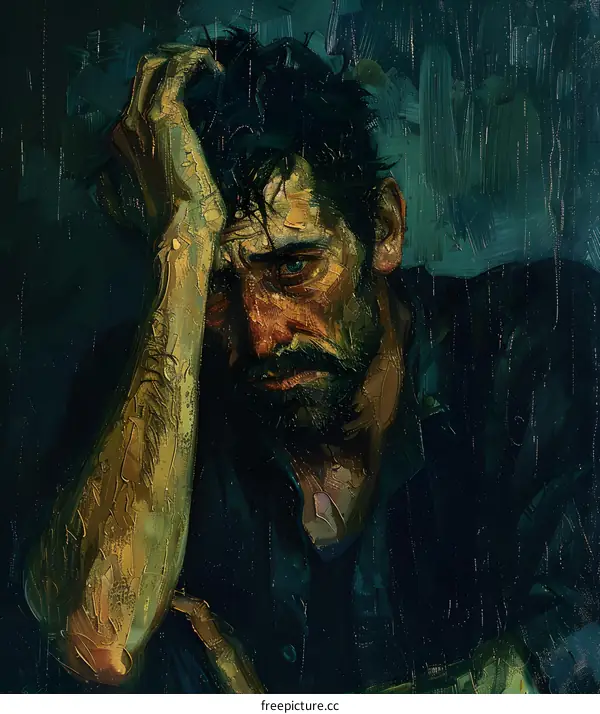 A portrait of a man with a beard and a hand on his head