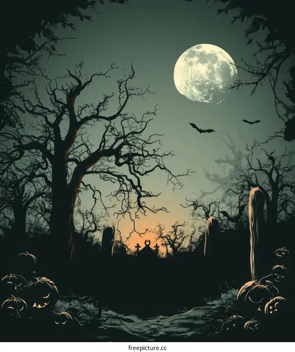 Eerie Halloween Pumpkins and Tombstones in a Spooky Forest Under a Full Moon