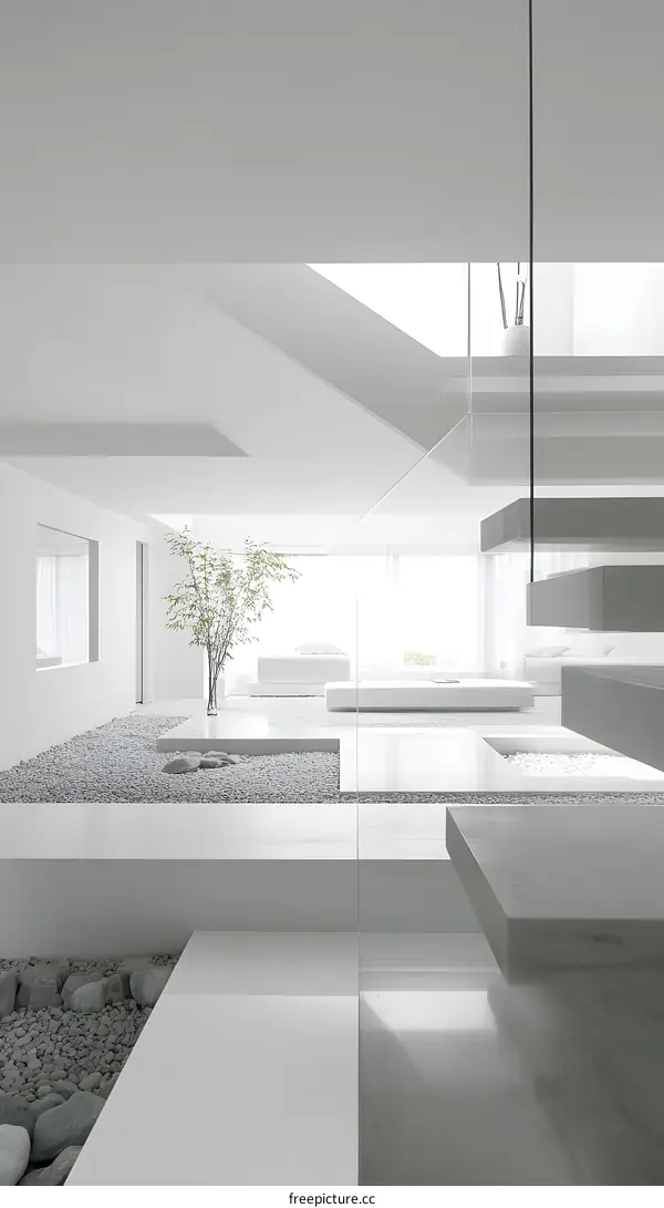Modern Minimalist Interior Design with White Walls and a Zen Garden