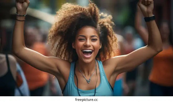 Ecstatic black woman celebrating victory with arms raised in the air