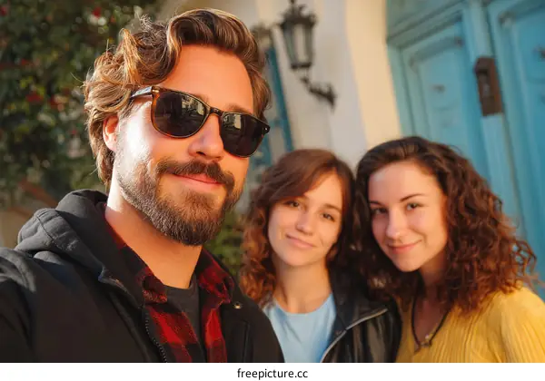 Three friends posing in front of a blue door