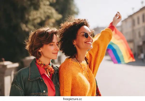 Two Women Celebrating Pride with Rainbow Flag