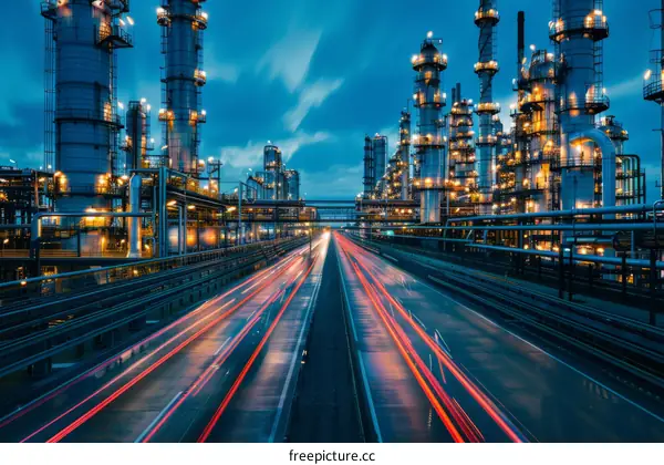 Oil refinery at night with light trails on the road