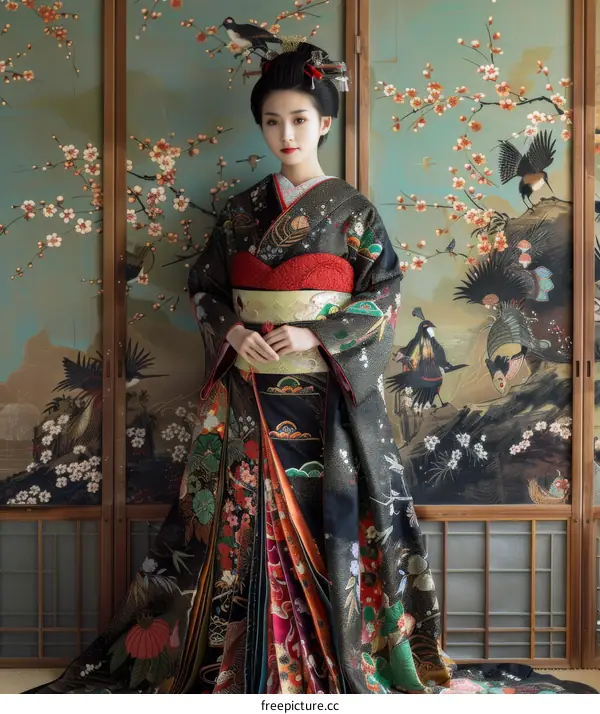 A Japanese woman wearing a kimono stands in front of a traditional Japanese screen.
