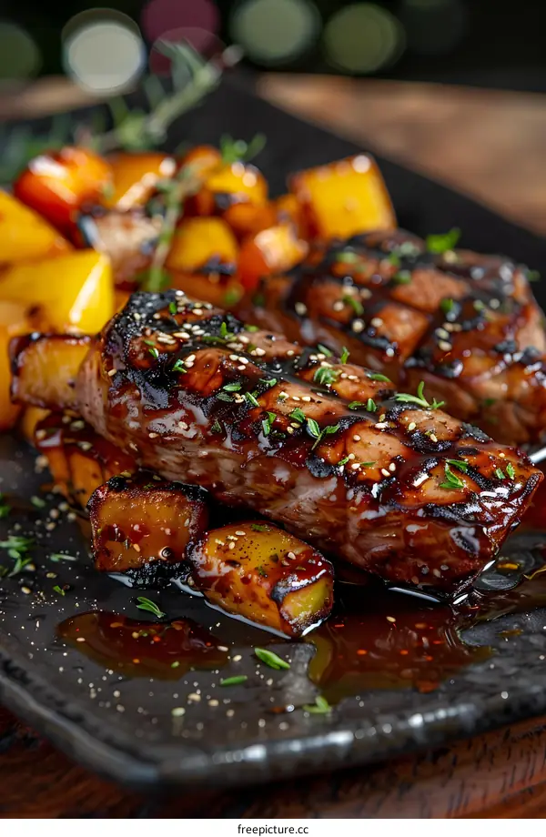 Grilled steak with pineapple chunks
