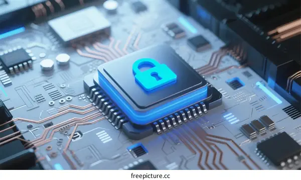 Secure Microchip Circuit Board with Blue Padlock Symbol