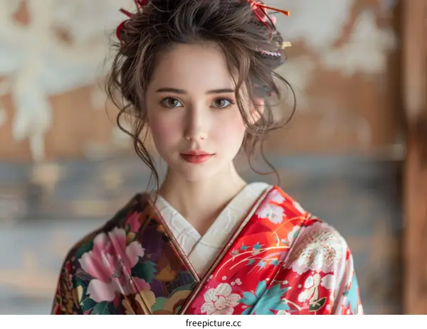Portrait of a Young Woman Wearing Traditional Japanese Kimono