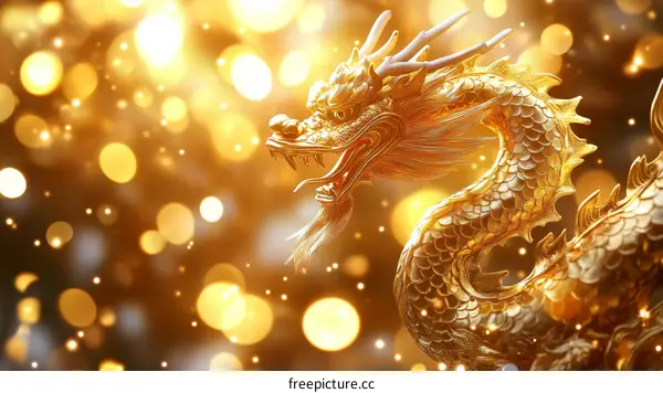 Golden Dragon Sculpture against Bokeh Background
