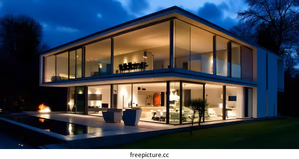 Modern Glass House with Pool and Backyard at Night