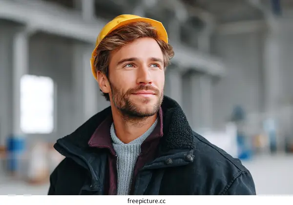 Construction Worker Looking Ahead in a Construction Site