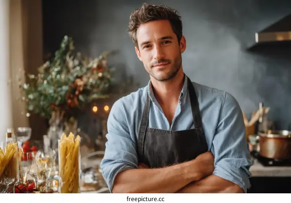Confident Chef Posing in Modern Kitchen