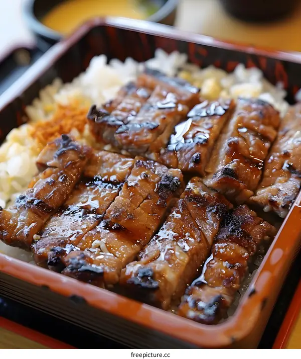 A delicious Japanese dish with beef and rice.