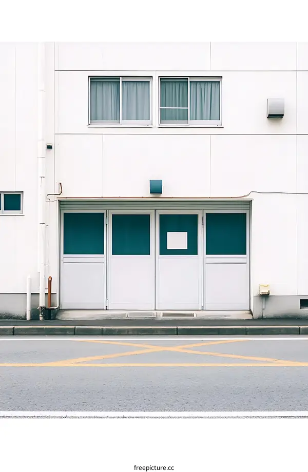 White Building with Garage Doors and Yellow Lines on the Road