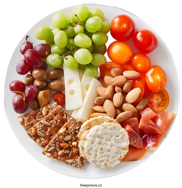 [Transparent Background PNG]Healthy and Delicious Snack Plate with Cheese, Grapes, Almonds, and Crackers