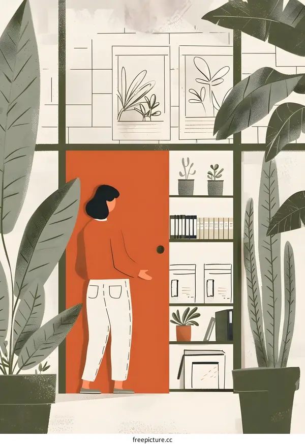 Woman Opening Door in Office Illustration