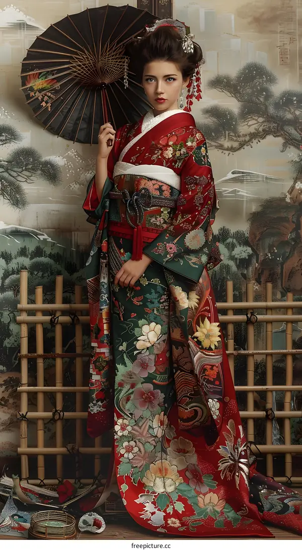 Portrait of a Japanese woman in traditional kimono