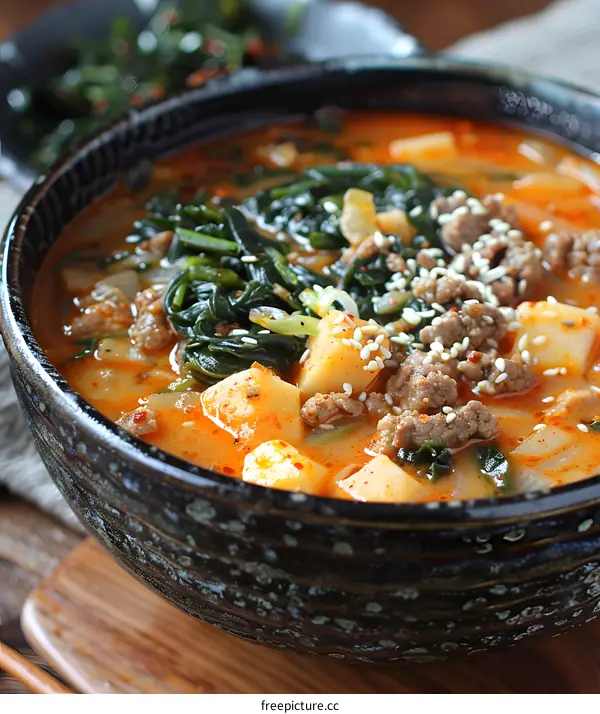 A bowl of Korean spicy soft tofu stew