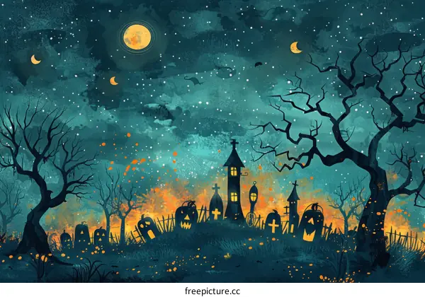 Pumpkins and tombstones under a full moon on Halloween night