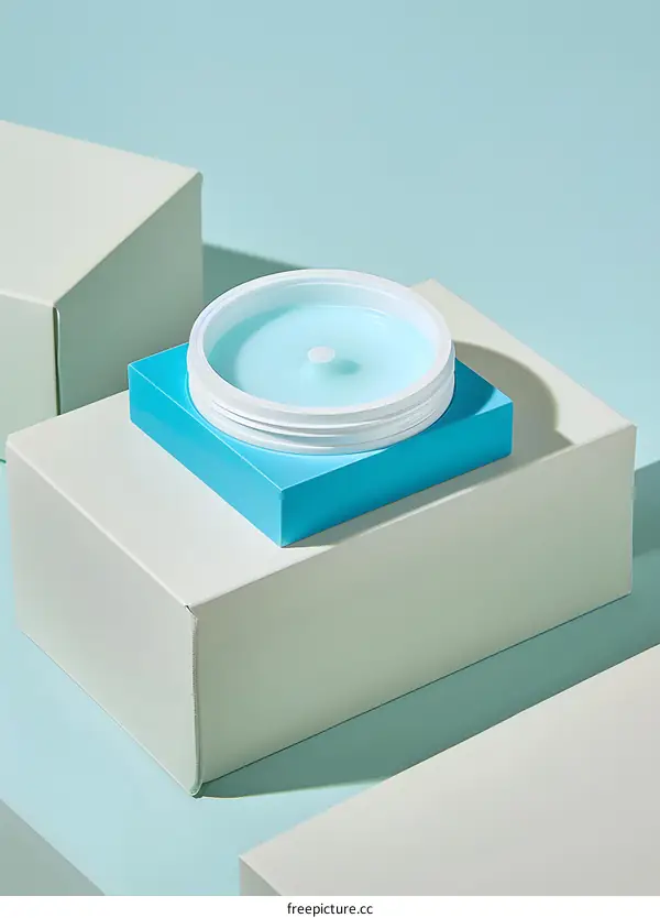 Blue Cream Jar On Turquoise Background