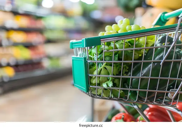 Green Grapes and Parsley in a Shopping Cart at the Grocery Store