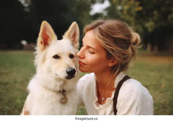 Woman and White Dog Outdoors