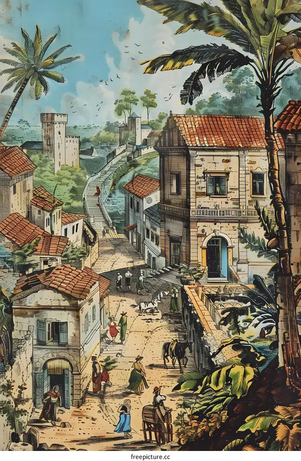 Vintage Illustration of a Town with People in the Street
