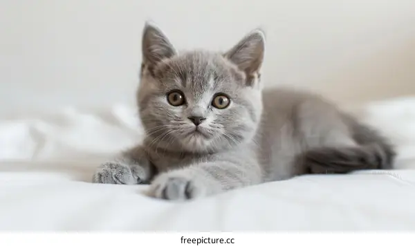 A cute gray kitten is lying on a white blanket and looking at the camera