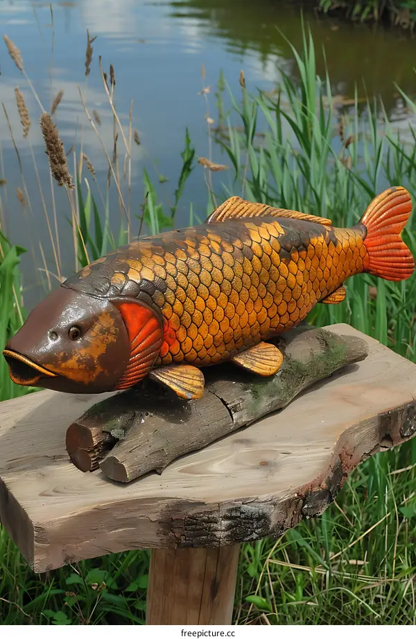 Ceramic Fish Sculpture by the Pond