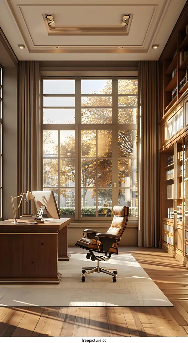 Home office with a large window and a view of the autumn trees outside