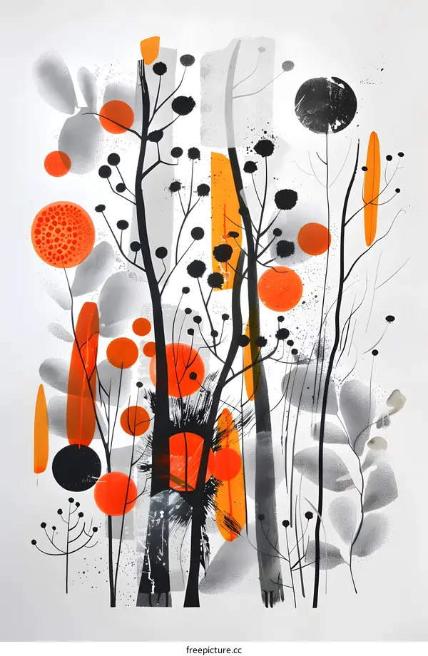 Abstract Forest Artwork with Black, Orange, and Gray Colors