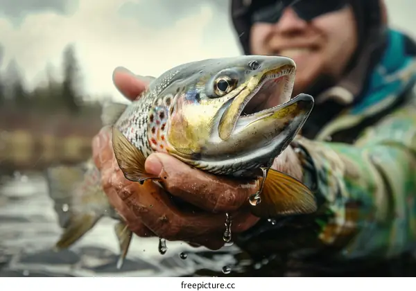 A fisherman holds a large brown trout in his hand