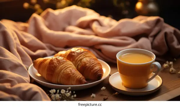 A delicious breakfast with croissants and orange juice