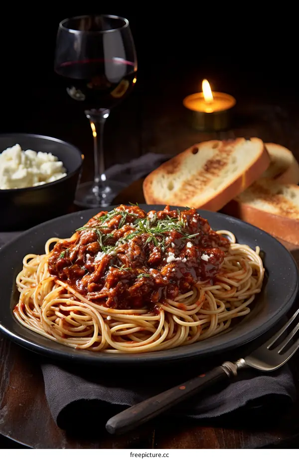 A delicious plate of spaghetti with a glass of red wine