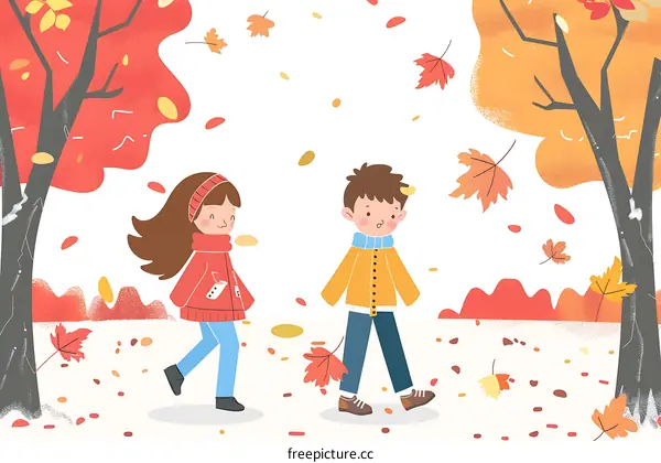 Cute Couple Walking In Autumn Forest Illustration