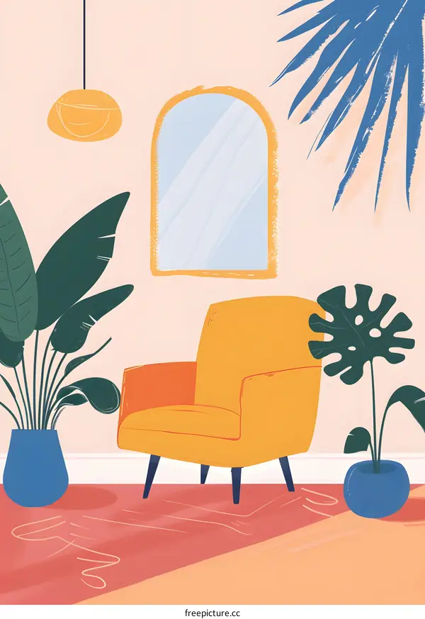 Yellow Armchair Interior Design Illustration With Plants